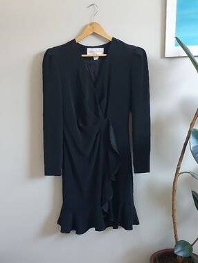 Vintage Richard Warren  Black Long-Sleeve Ruffle Wrap Dress - 8